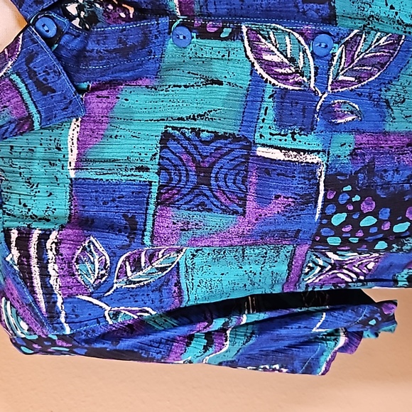 VINTAGE ALFRED DUNNER BLOUSE TOP BUTTON DOWN BLUE PURPLE 16 PALM LEAVES RETRO - Picture 3 of 8